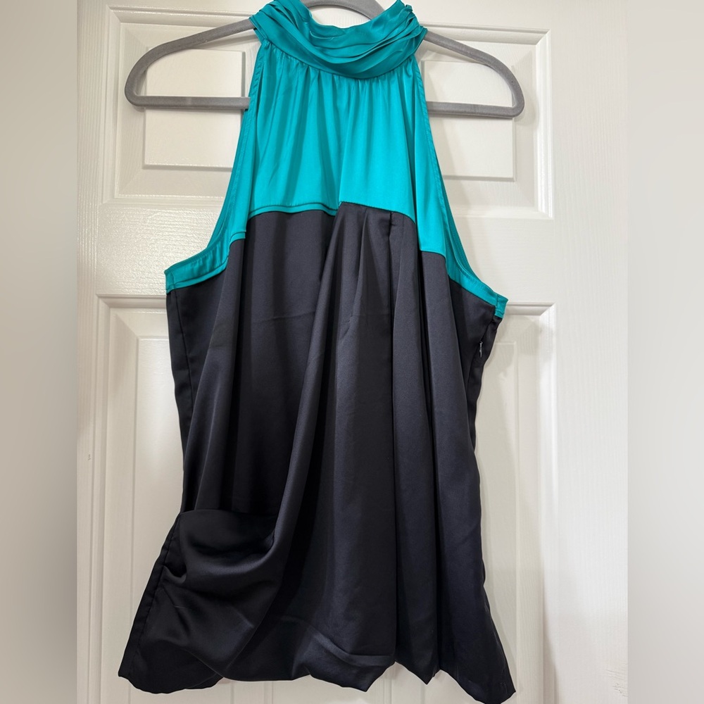Black & Teal Mock Neck Drape Top - XL